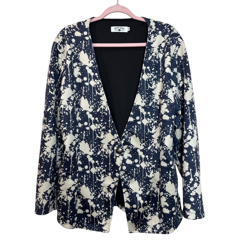 Crazy Train Womens XL Navy Blue White Splatter Print Blazer Jacket Statement